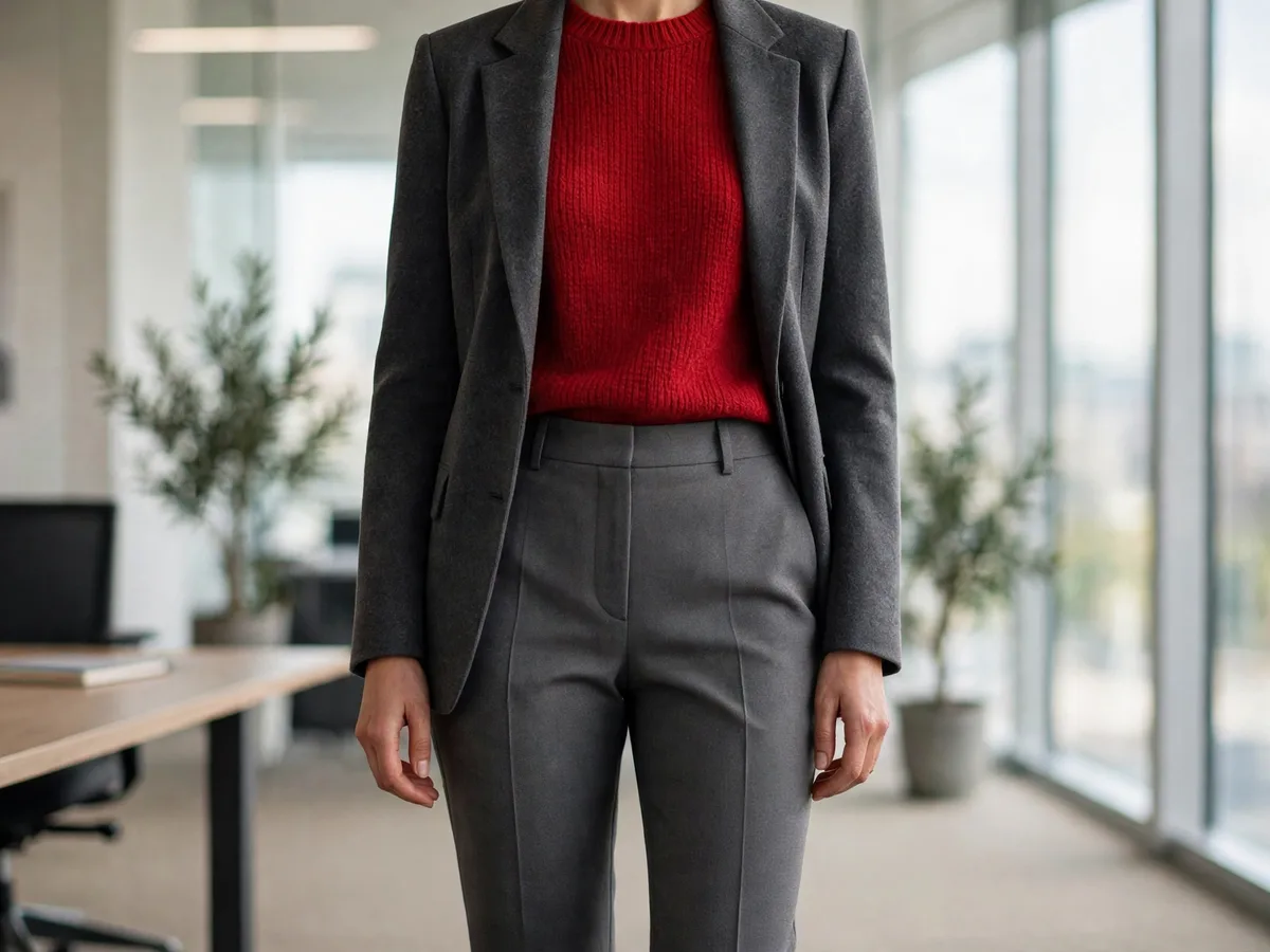 Cherry red worn to the office: a red knit under a charcoal blazer with tailored trousers