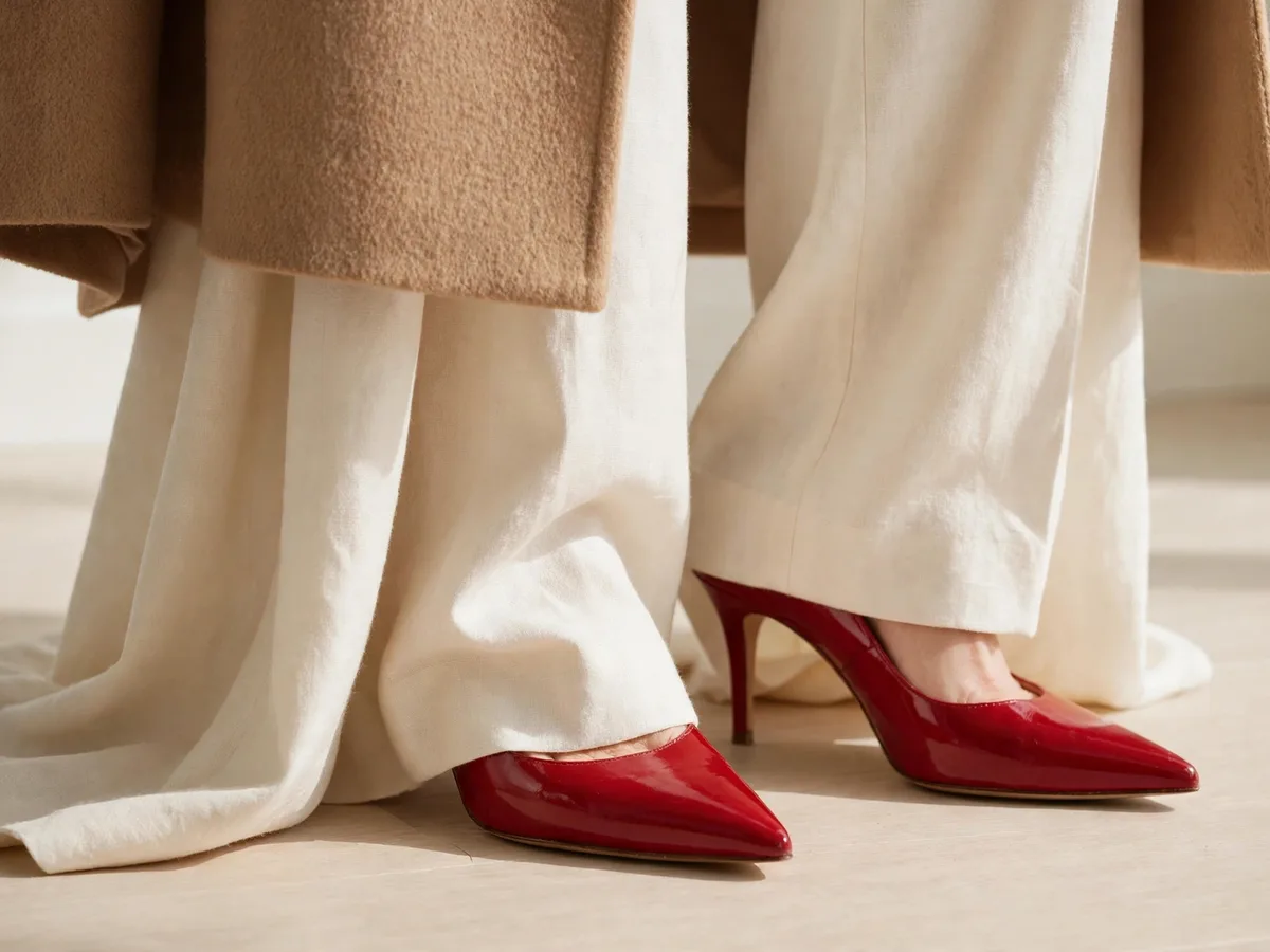 Detail: cherry red heels finishing a camel and cream outfit, the accent placed as far from the face as possible