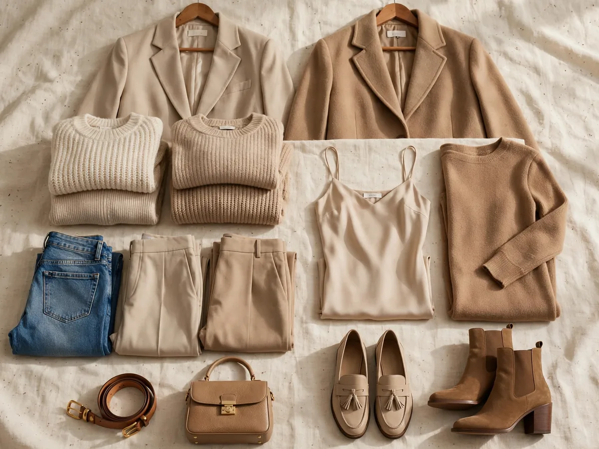 Flat lay of the 27 capsule pieces arranged by category: tops, layers, bottoms, dresses, shoes and accessories