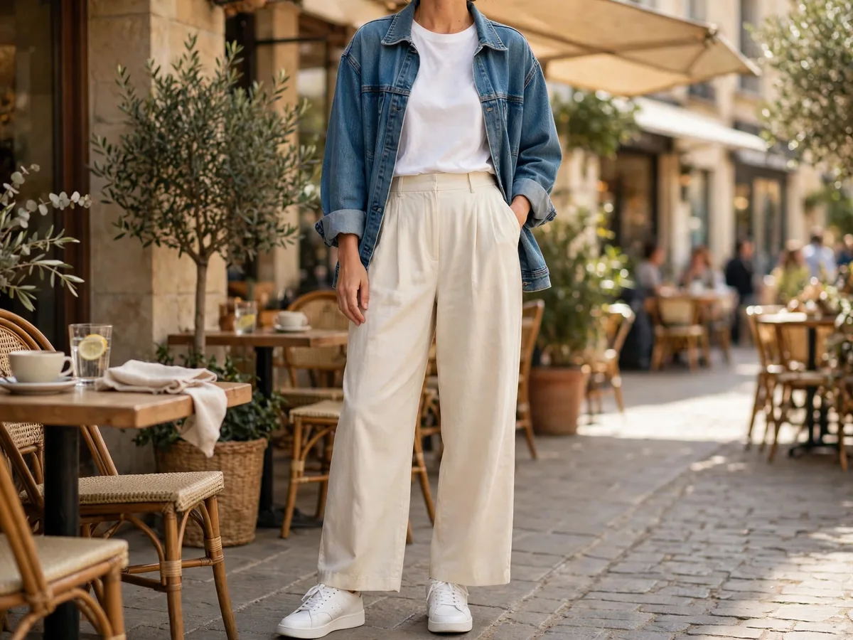 Wide leg trousers on the weekend: sneakers, a tucked tee and a denim jacket