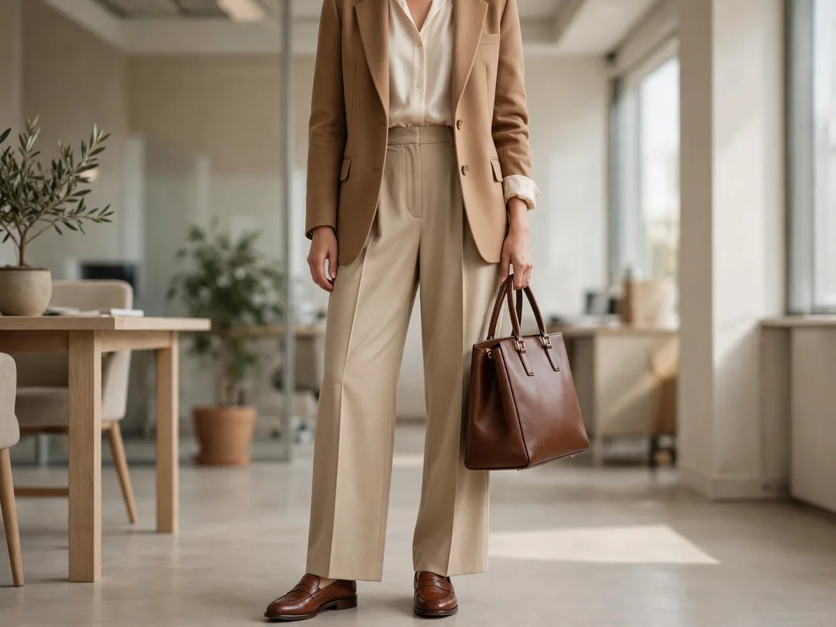 Wide leg trousers styled for work: a tucked top, a blazer and loafers under a long clean hem