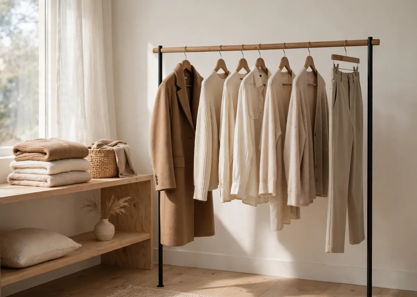 A capsule wardrobe rail in camel, cream and soft neutrals